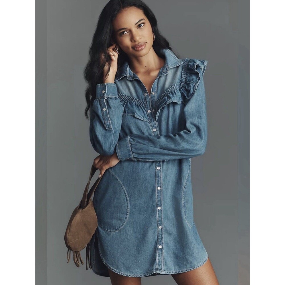 Anthropologie Pilcro Women Ruffled Denim Mini Shirt Dress L Blue Western Boho